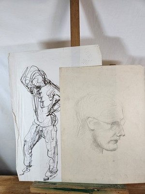 MOLLIE WALLACE DOPPELSEITIGER ZEICHNKOPF STUDIE UND STIFT UND TUSCHE FIGUR STUDIE