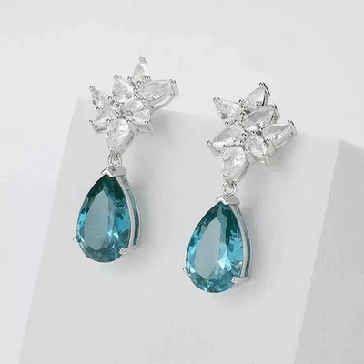 Drop-Dangle Earring 14K White Gold Plated Lab-Created Blue Topaz 3Ct Pear Cut