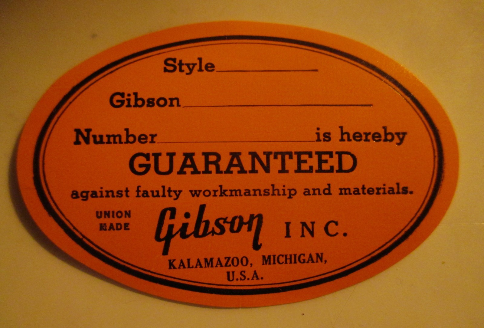 Gibson Guitar Orange Label 1964-1970 Correct Replacement Part Union Made Version