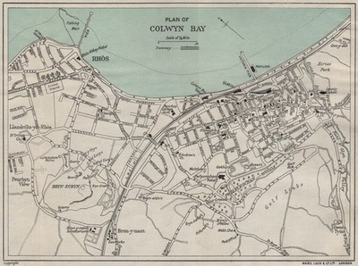 COLWYN BAY Vintage Stadtplan. Wales. WARD LOCK 1930 alte Vintage Kartenkarte