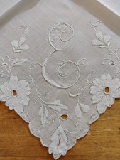 Vgt E Monogram White Embroidery  Applique White Cotton Hankie Handkerchief