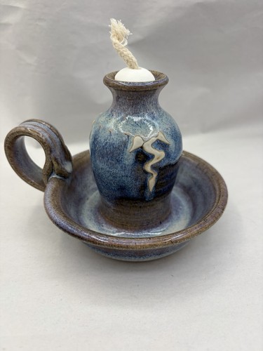 Heinecke Pottery Blue Purple Drip Glaze Abstract Art Pottery Handled Oil Lamp 5"