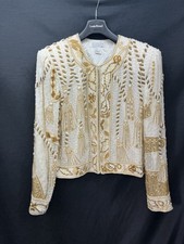 Vtg 80s Silk Beaded Sequin Ivory Gold Tassel Jacket XL Nightline Della Roufogali