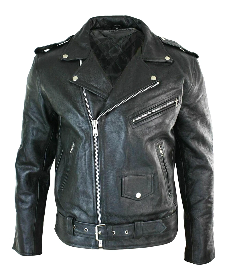 Chaqueta de cuero para motocicleta para hombre piel de búfalo genuina estilo marca motociclista negro Foto 4 de 4
