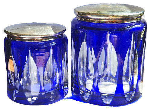 Pair Antique Crystal Cobalt Cut To Clear 1920 Vintage Glass Vanity Jars W/Lids