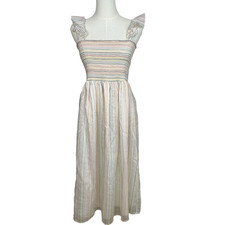 NWT Madewell Womens Ruffle-Strap Smocked Airy Dress Sz M Ivory Rainbow Stripes