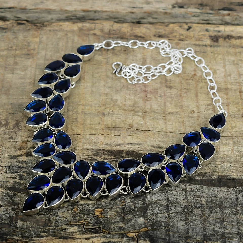 Zaffiro Blu Lab-Created Gemma Artigianale 925 Argento Sterling Gioielli - Immagine 3 di 4