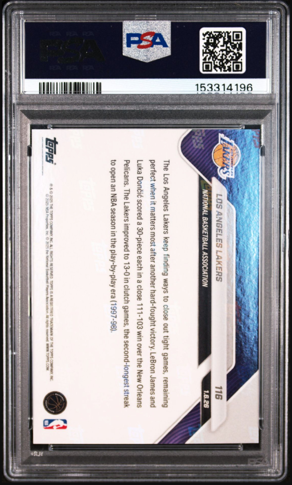 2025-26 Topps Now #116 LeBron James Luka Doncic Los Angeles Lakers PSA 10 view 2