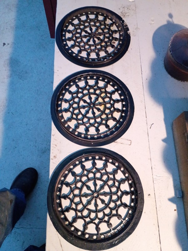 3 Antique Round Ornate Grate Cast Iron Floor/Ceiling Heat Registers 10 Inch