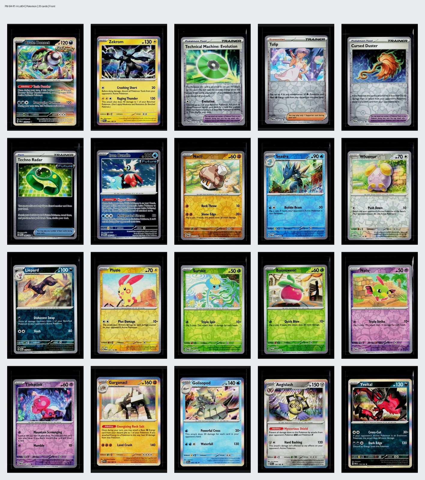 Pokemon Lot (20) Brute Bonnet Zekrom No Dups Paradox Rift Reverse Holo / NM