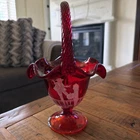 Vintage Fenton Ruby Glass Hand Decorated Basket Mary Gregory Design and signed