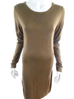 KLASS Damen Bleistiftkleid Gr. S Braun Acryl 100% Langer Ärmel Midi Runder