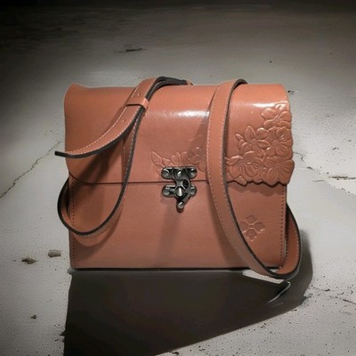 Patricia Nash Ticci Crossbody Heritage Tooled Leather Flower Coral Pink Tan 9x9