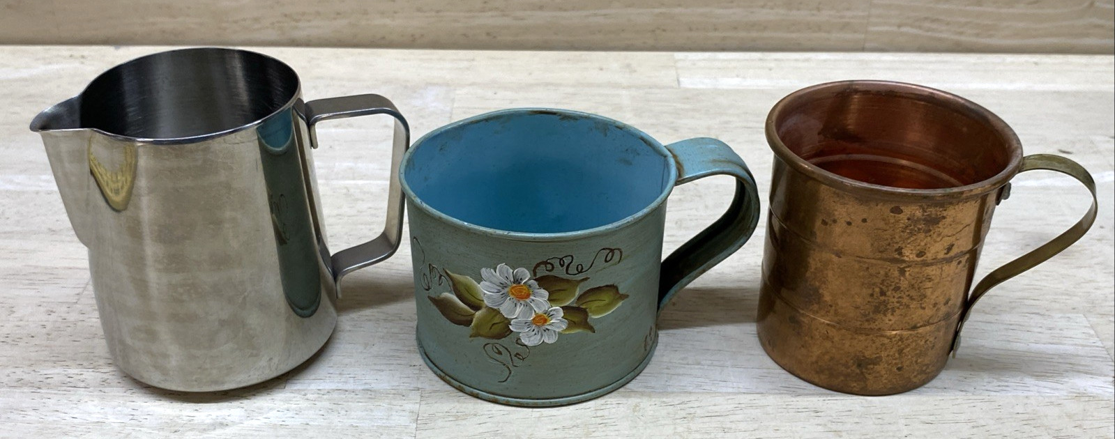 Vintage copper stainless coffee Toleware Folk Art Metal Cup Hand Painted LOT 3