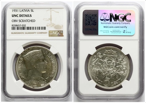 1931 Latvia Silver 5 Lati coin NGC UNC DETAILS
