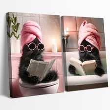 2pcs Black Cat Bathroom Wall Art Pink Funny Bathroom Canvas Prints Black Cat ...