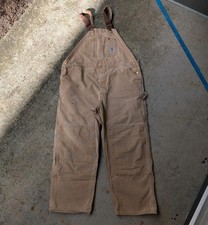 Vintage Carhartt Double Knee Duck Canvas Overalls 44x28 Tan Brown Workwear Bibs