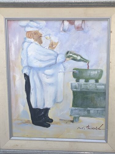 VTG Original The Chef Canvas Signed Framed Man Cooking 13 1/8” X 16” - Picture 3 of 8