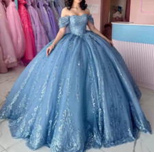 Glittered Sky Blue Quinceanera Dresses Sequin Sweetheart Off-Shoulder Tull Ball