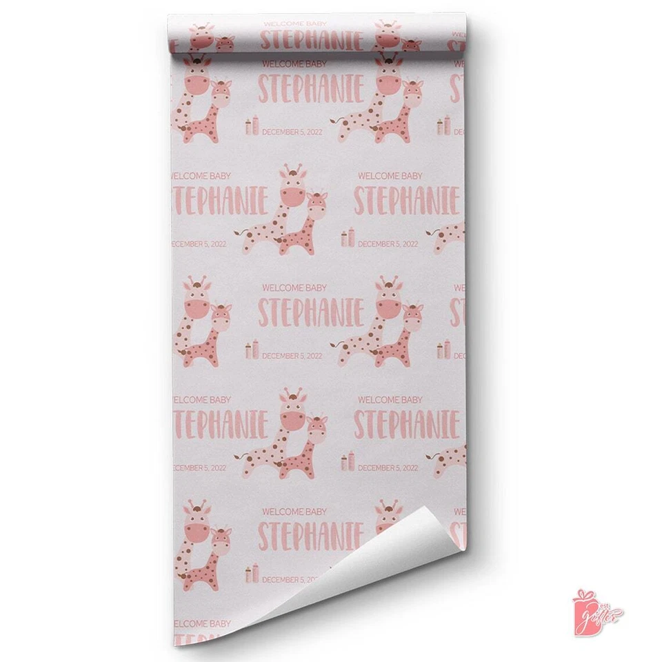 Rollo de papel de regalo personalizado con nombre con envoltura de regalo de juguete de jirafa bebé rosa Foto 3 de 4