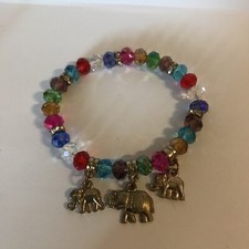 Elephant Charm Stretch Bead Bracelet Clear Rhinestones Glass Beads Plastic