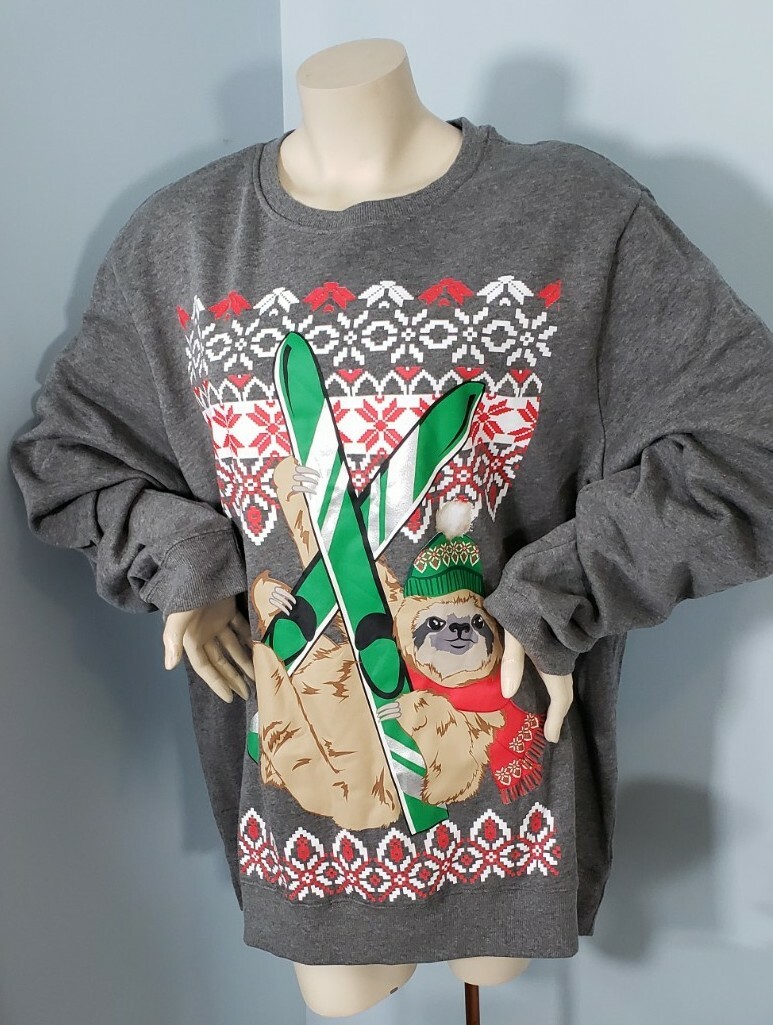 SLOTH on Skis Gray Ugly Christmas Sweater sz 2XL Sweatshirt NWT sz
