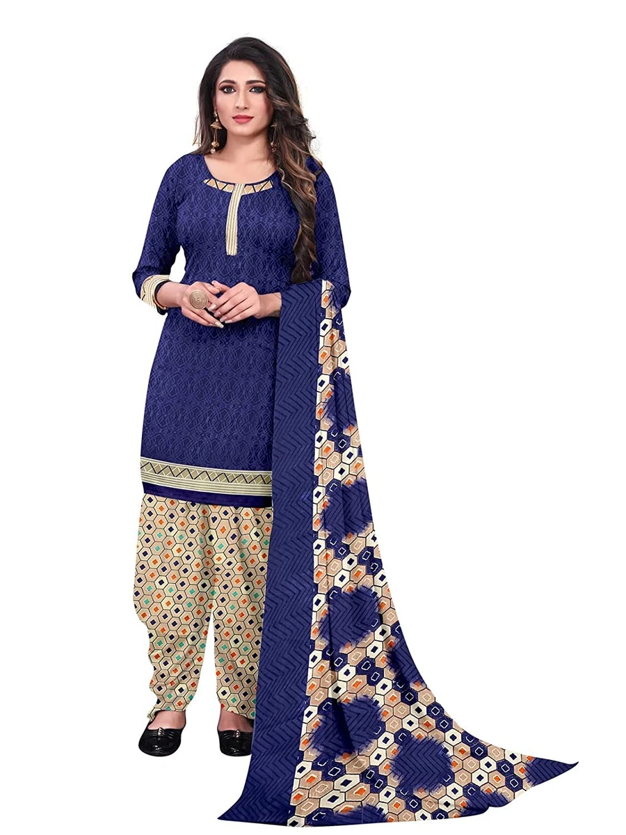 Indian Women Unstitched Crepe Floral Blue Printed Dress Material