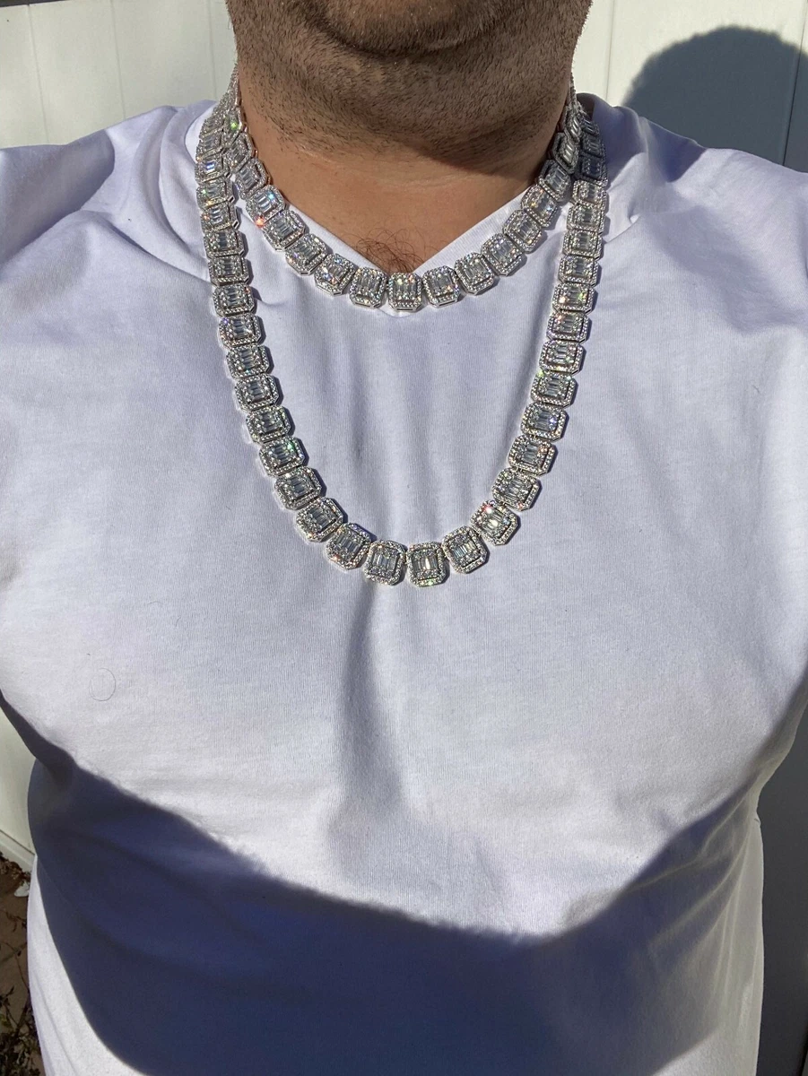 Real 925 Sterling Silver Big Baguette Link Chain 15mm Men s CZ Necklace Choker