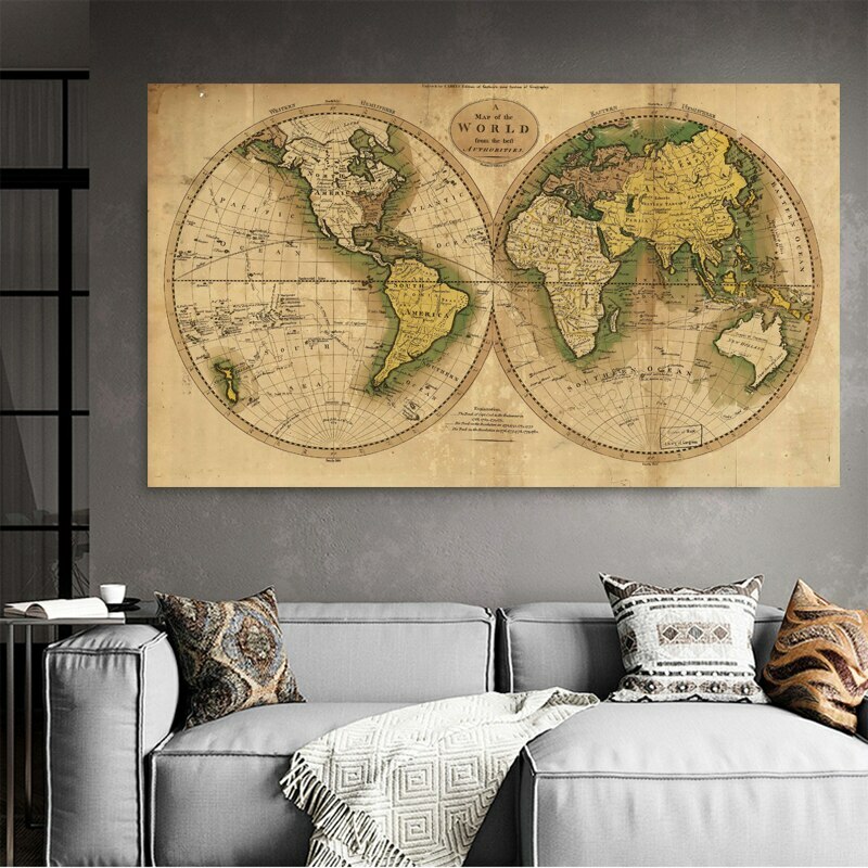 Toile tableaux décoration carte ancienne 50x85 cm pour décoration murale vintage