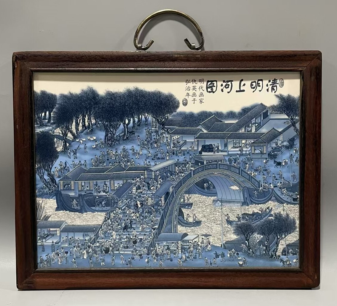 Large Chinese Old Hand Painting Along the river blue and white porcelain清明上河图