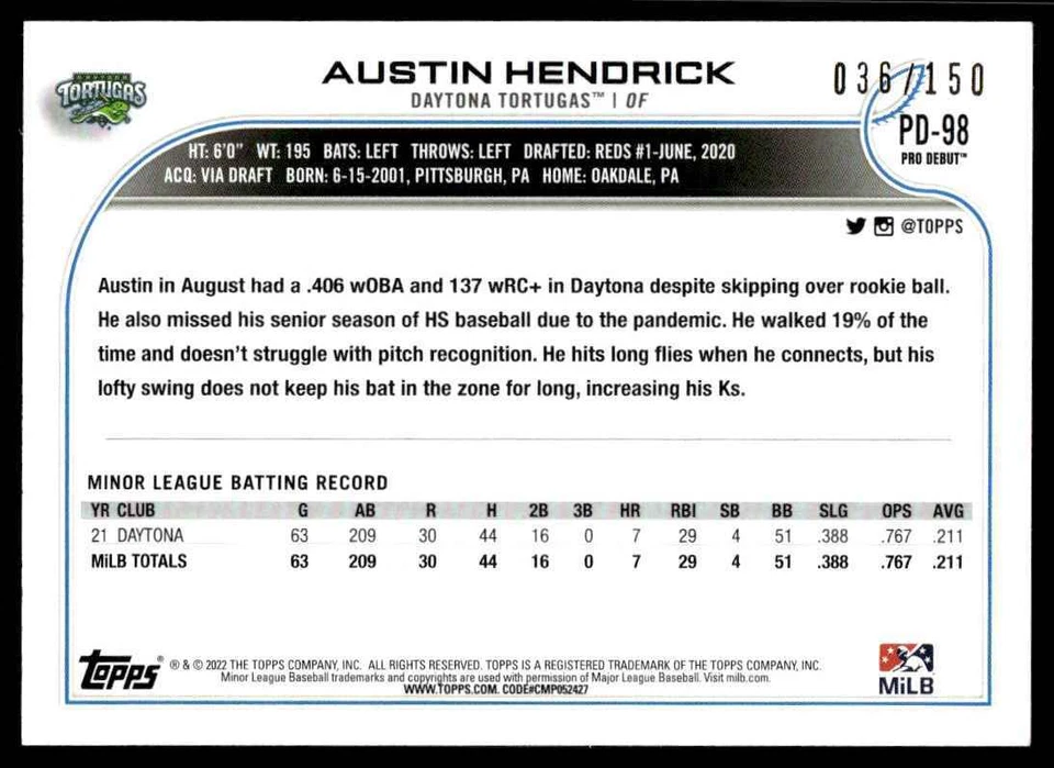 2022 Topps Pro Debut BLUE /150 Austin Hendrick Daytona Tortugas #PD-98 R75 - Image 2 of 2
