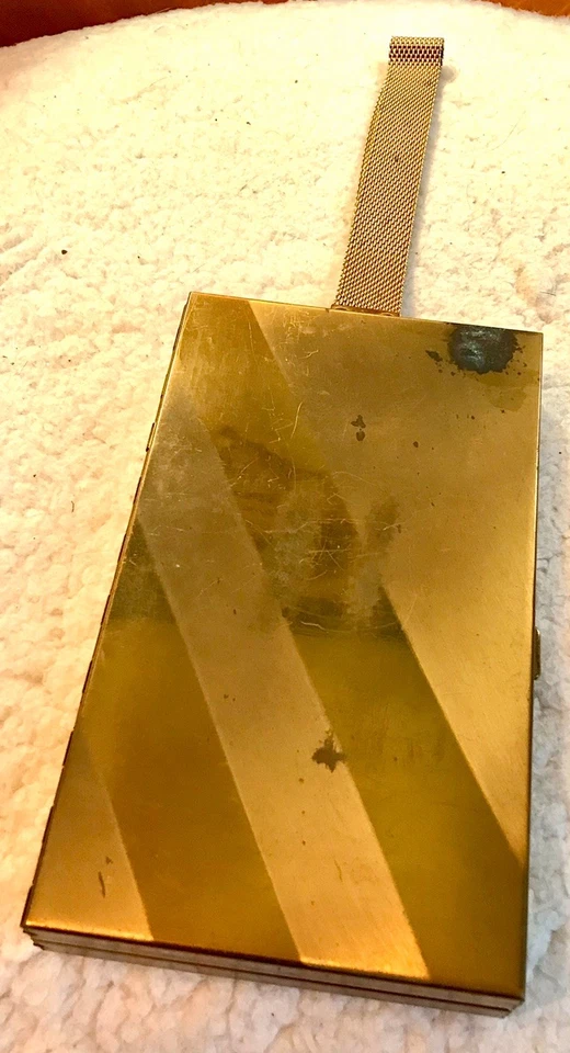 1940s Gold Striped Metal & Mesh Cocktail Wristlet Purse Cigarette Case + Compact - Image 3 of 4