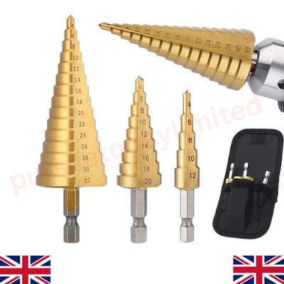 3-teiliges großes HSS Stahl Stufenkegelbohrer Titan Bit Set Lochschneider 4-12/20/32 mm