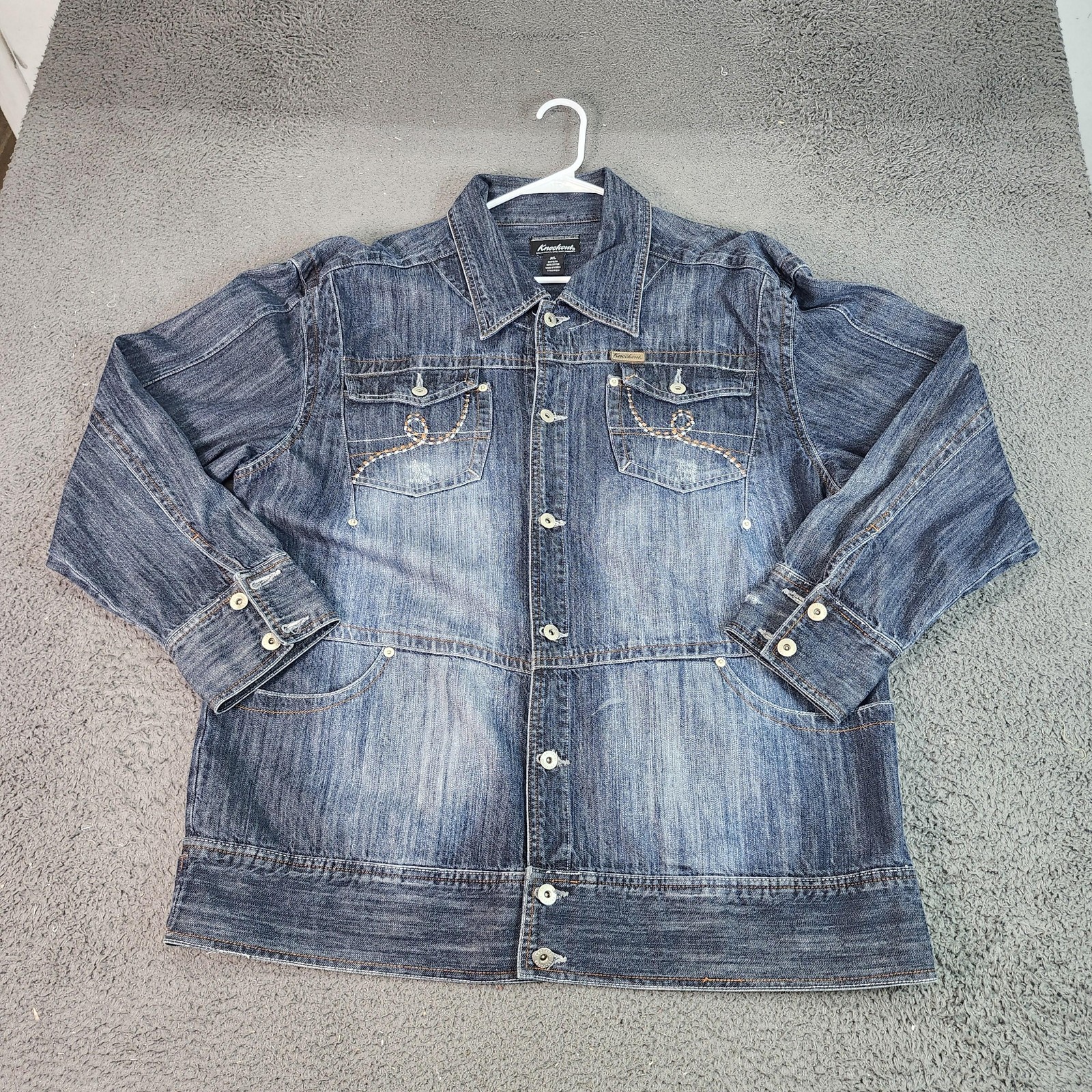 Knockout Denim Jacket Mens XL Blue Button Front Bomber Korea Cotton Casual
