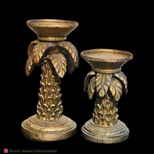 Palm Tree Themed Resin Candle Holders 6'' Tall Holds 2 3/4'' Candle Set of 2
