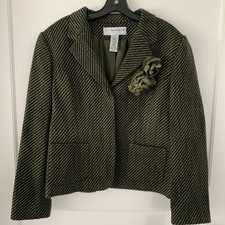 Sag Harbor Blazer NWT 16P Long Sleeve Tweed Green/black Velvet Flowers Pockets