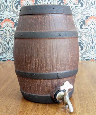 Vintage bemalt Steinzeug Keramik Spiritus Wasserfass Spender Fass Fass + Hahn