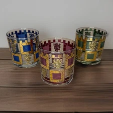 3 MCM West Virginia Glass Co. Henry VIII Low Ball Glasses Barware Rampart Lion