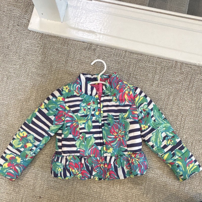 Lilly Pulitzer Girls Puffer Jacket Full Zip Floral Stripe Multicolor XS (2-3)