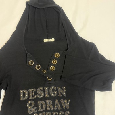 Hendi Black Studded Graphic Hoodie Snap Henley 3/4 Sleeve Grommet Accents Top