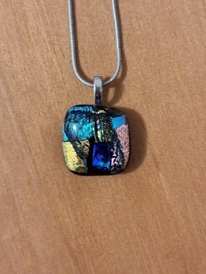 Colorful Mosaic Dichroic Fused Glass pendant necklace.