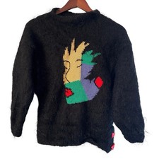 Vintage 80  s Mohair Fuzzy Intarsia Knit Face Sweater Avant Garde