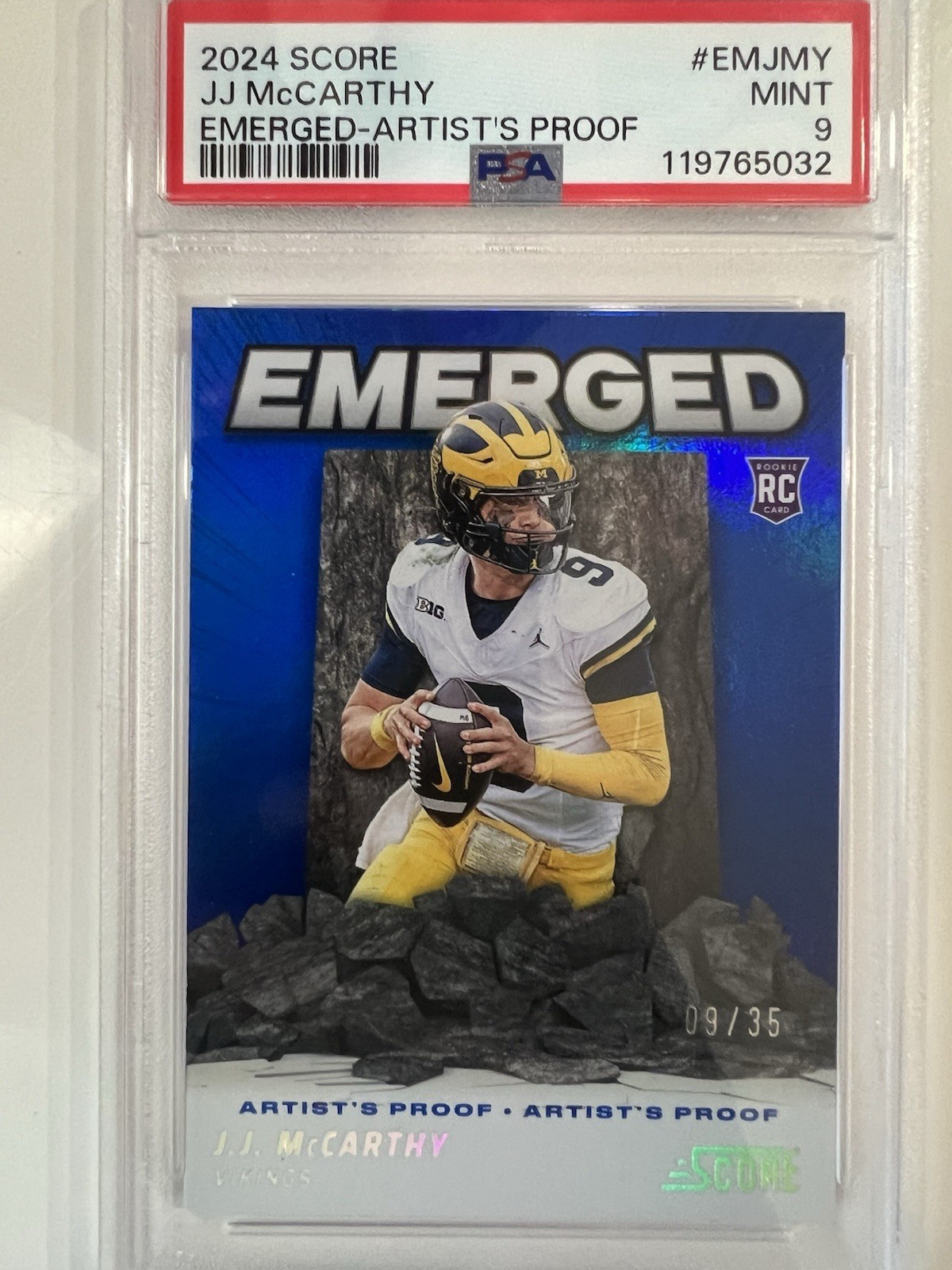 2024 Score Emerged J.J. McCarthy #EM-JMY Artist's Proof /35 (RC) JERSEY MATCH!