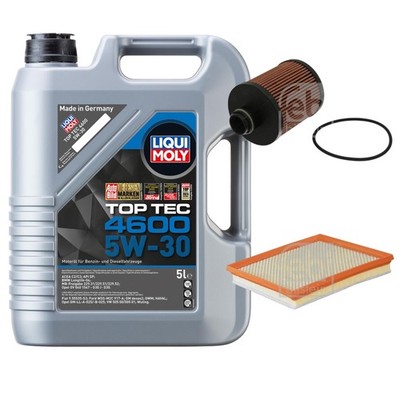FEBI BILSTEIN Inspektionspaket 5L Liqui Moly Top Tec 4600 5W-30 für Opel Astra