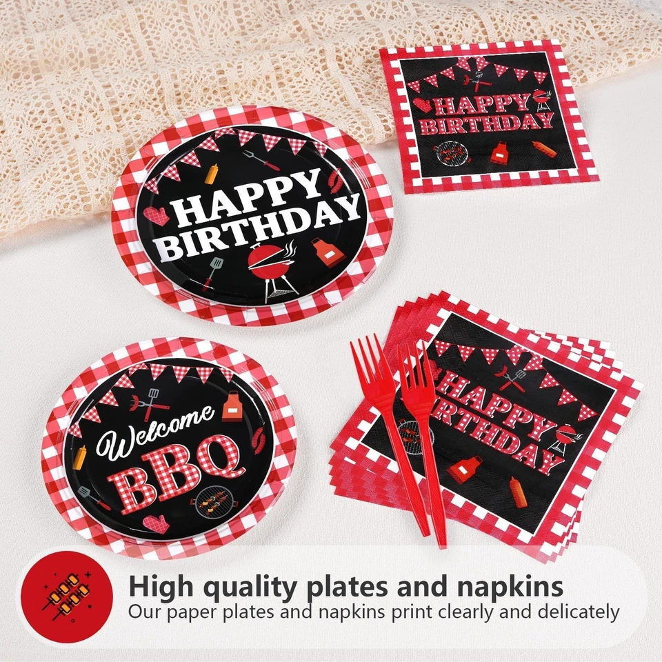 96 piezas decoraciones para fiestas de barbacoa - platos de guinga rojos negros para eventos de verano Foto 4 de 4