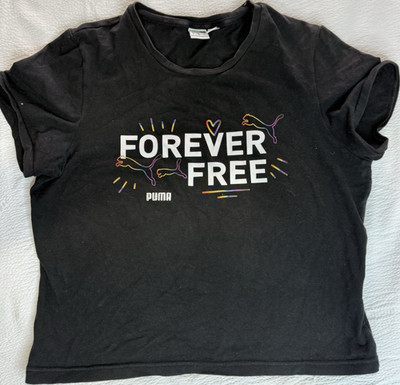 PUMA Forever Free Women's Graphic Print Black Cotton Jersey T-Shirt Size L