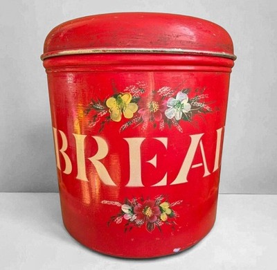Vintage Brotdose rot Toleware handbemalt Blumen Metall Küche Kanister Shabby