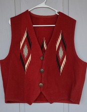 Vintage Chimayo Handwoven Wool Vest - Large - Deep Red - Size: Large