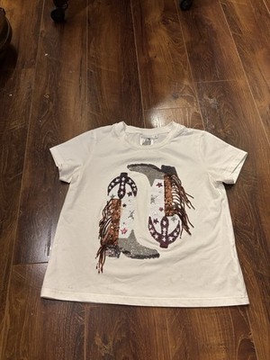 Queen of Sparkles Fringe Western Girls's Sequin T-Shirt Small; Maroon & White 