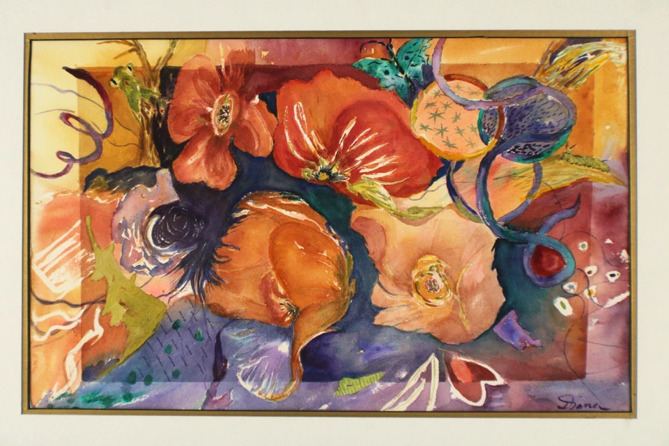 Mid Century Colorful Vibrant Floral Abstract  Watercolor Painting  Signed Diana - Image 3 of 4